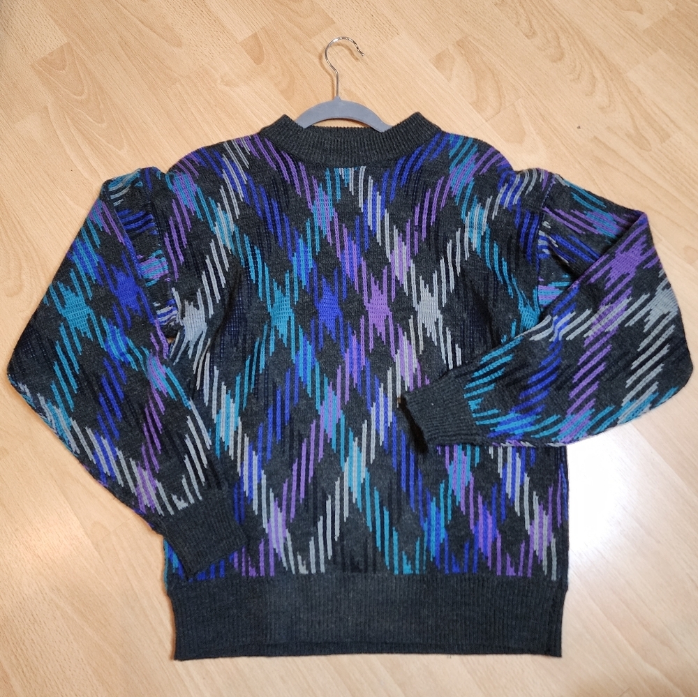 Vintage Cambridge Classice Wool Blend Knit Sweater Grey Blue Purple Medium
